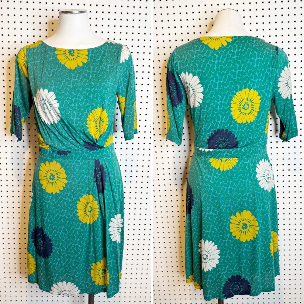 Boden | Green Sunflower Jersey Day Dress 3/4 Sleeves Lined‎ Sz. 8